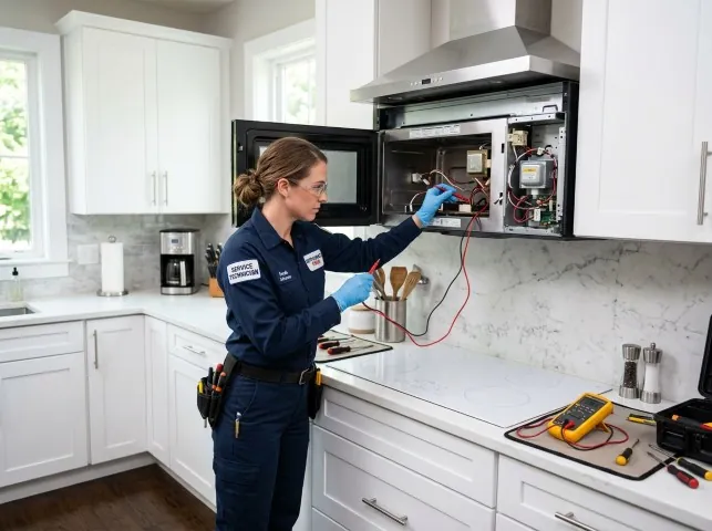 Appliance Repair Hero technician testing an over-the-range microwave in a Barnesville, GA kitchen